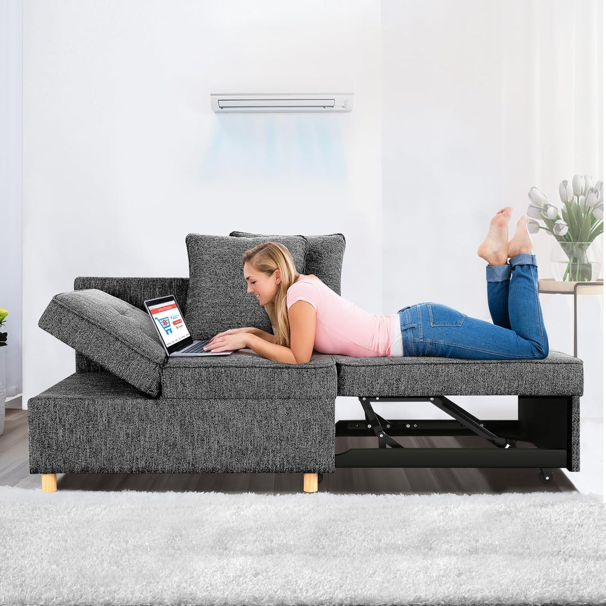 Black Convertible Sofa Bed Chair with 2 Pillows R949855