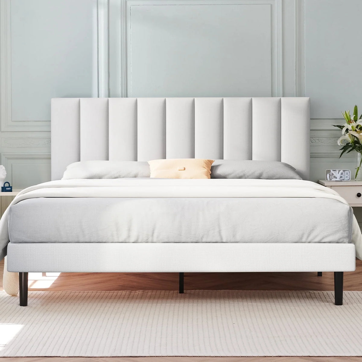 Full Platform Bed Frame with Upholstered Headboard, Beige P3595
