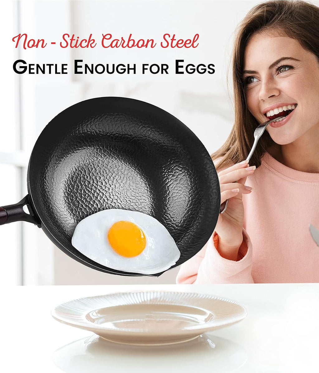 Carbon Steel Wok Pan with Lid, 12.5 Nonstick, Hand-Hammered, Round Flat Bottom, Pack of 2 G481