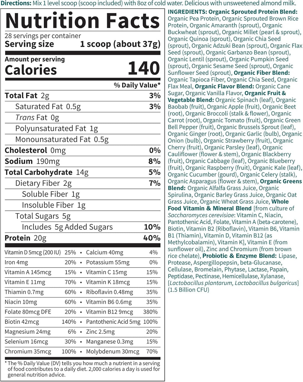 Organic Raw Plant Based Protein Powder, Lightly Sweet, Vegan, Gluten-Free, 36.6oz Pack of 2 W9881