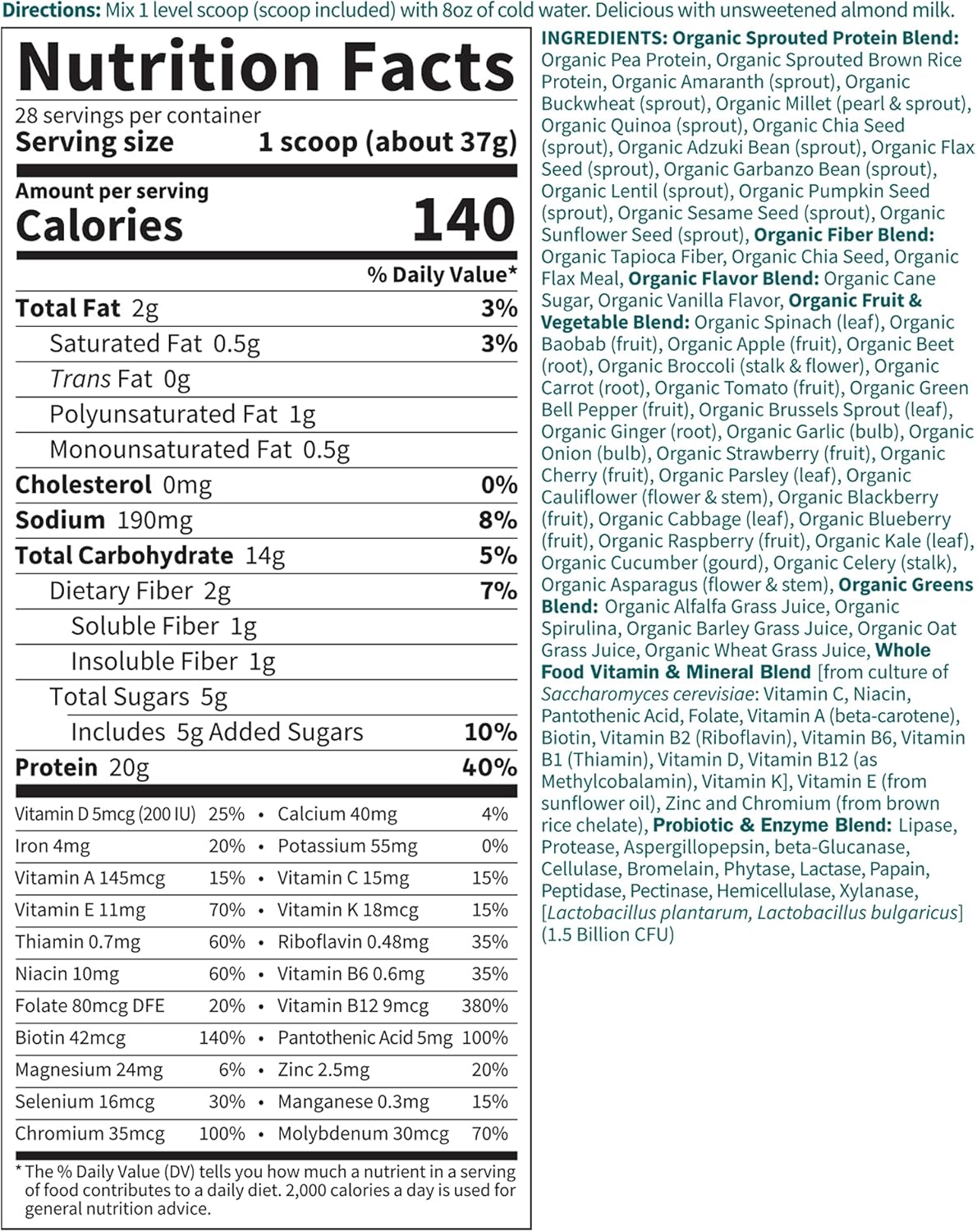 Organic Raw Plant Based Protein Powder, Lightly Sweet, Vegan, Gluten-Free, 36.6oz Pack of 2 W9881