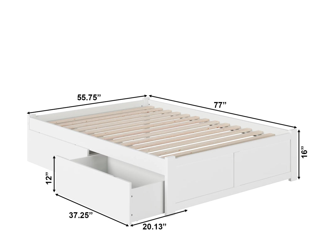 White Solid Wood Platform Bed with Footboard and 2 Storage Drawers K91415