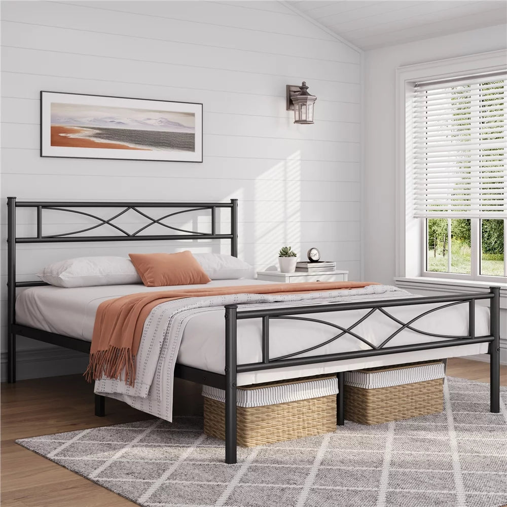 Queen Black Metal Bed with Headboard and Footboard A382