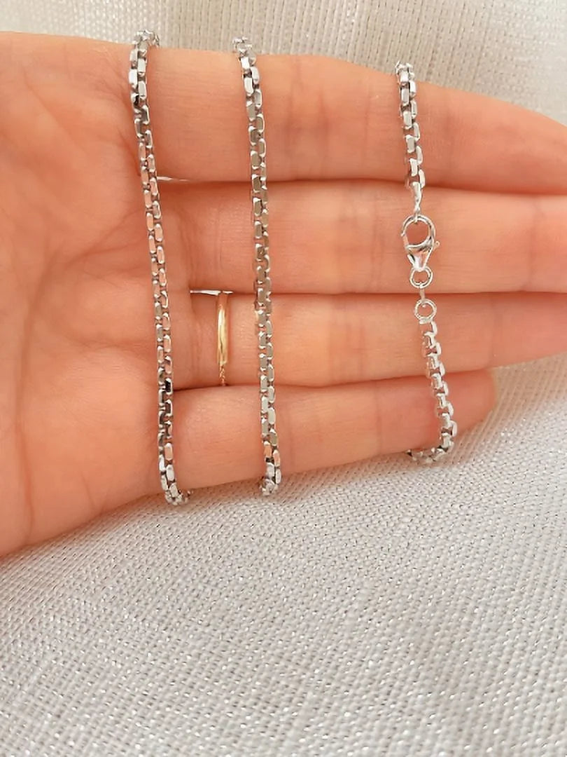 14K White Real Gold Square Box Chain Pendant Necklace 16" G199