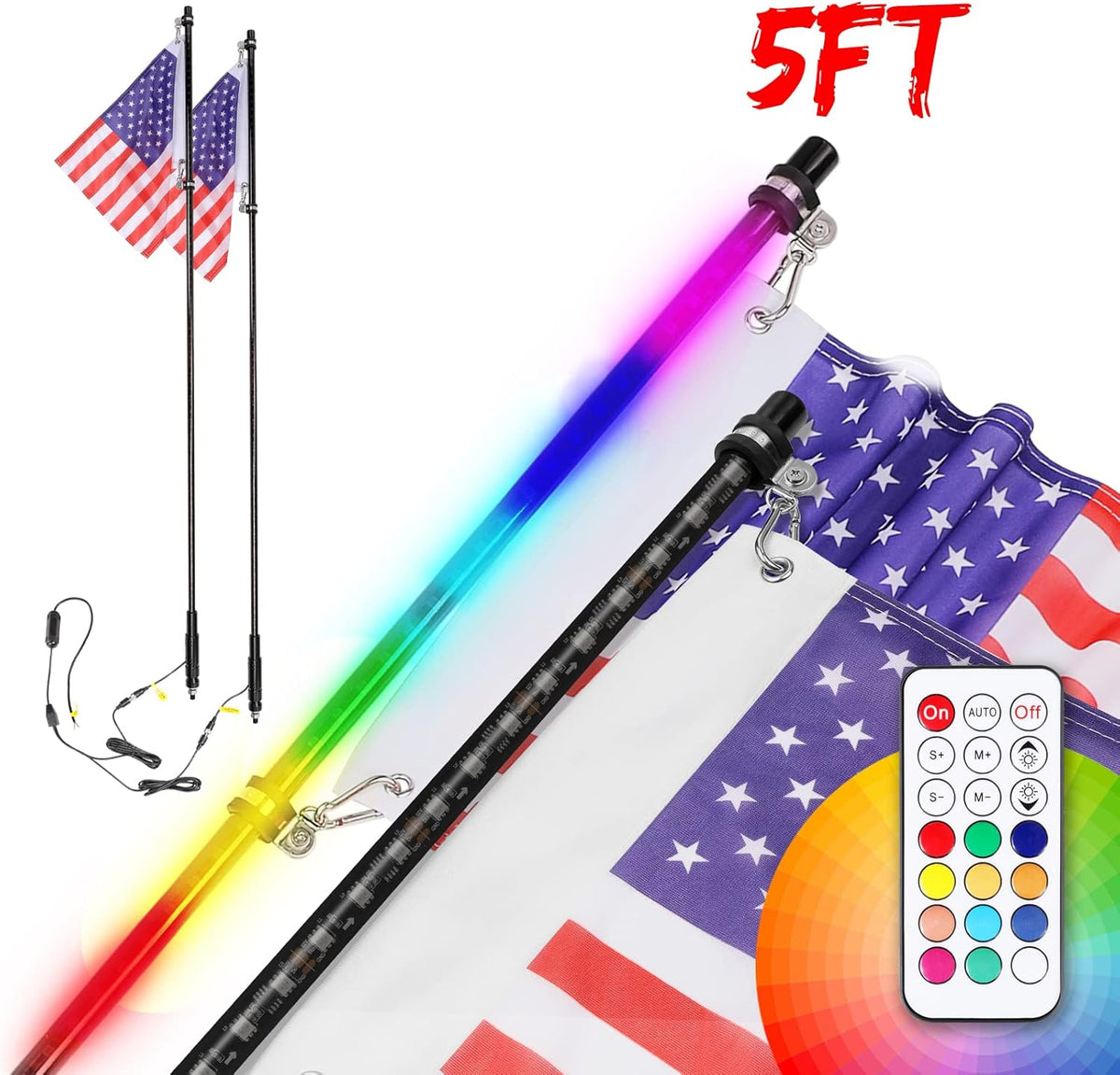 2PCS 5FT LED Whip Lights with RF Remote for ATV UTV U261