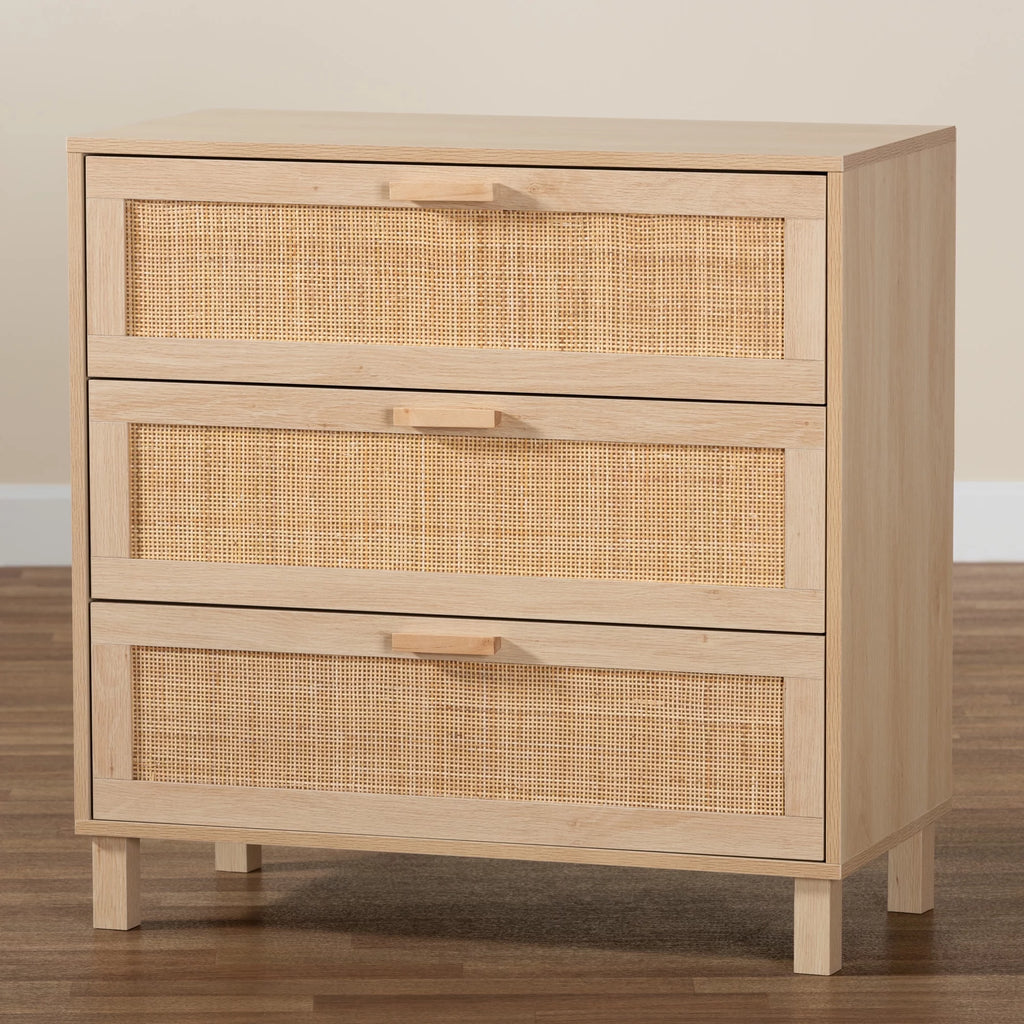 Light Brown Wood 3 Drawer Storage Cabinet with Rattan U125
