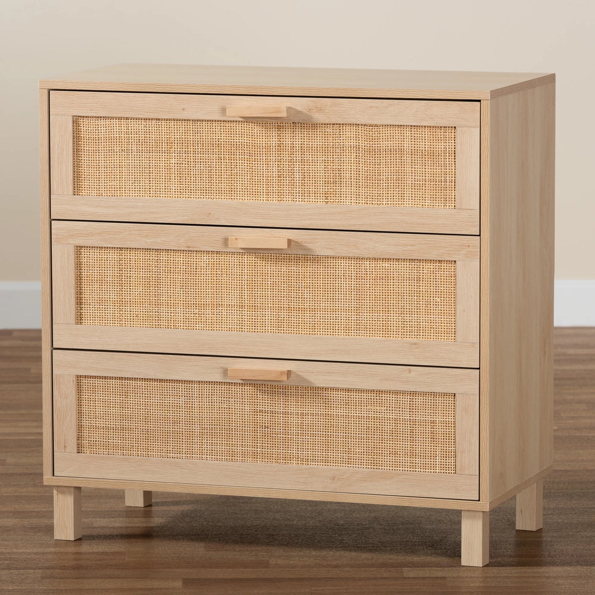 Light Brown Wood 3 Drawer Storage Cabinet with Rattan U125
