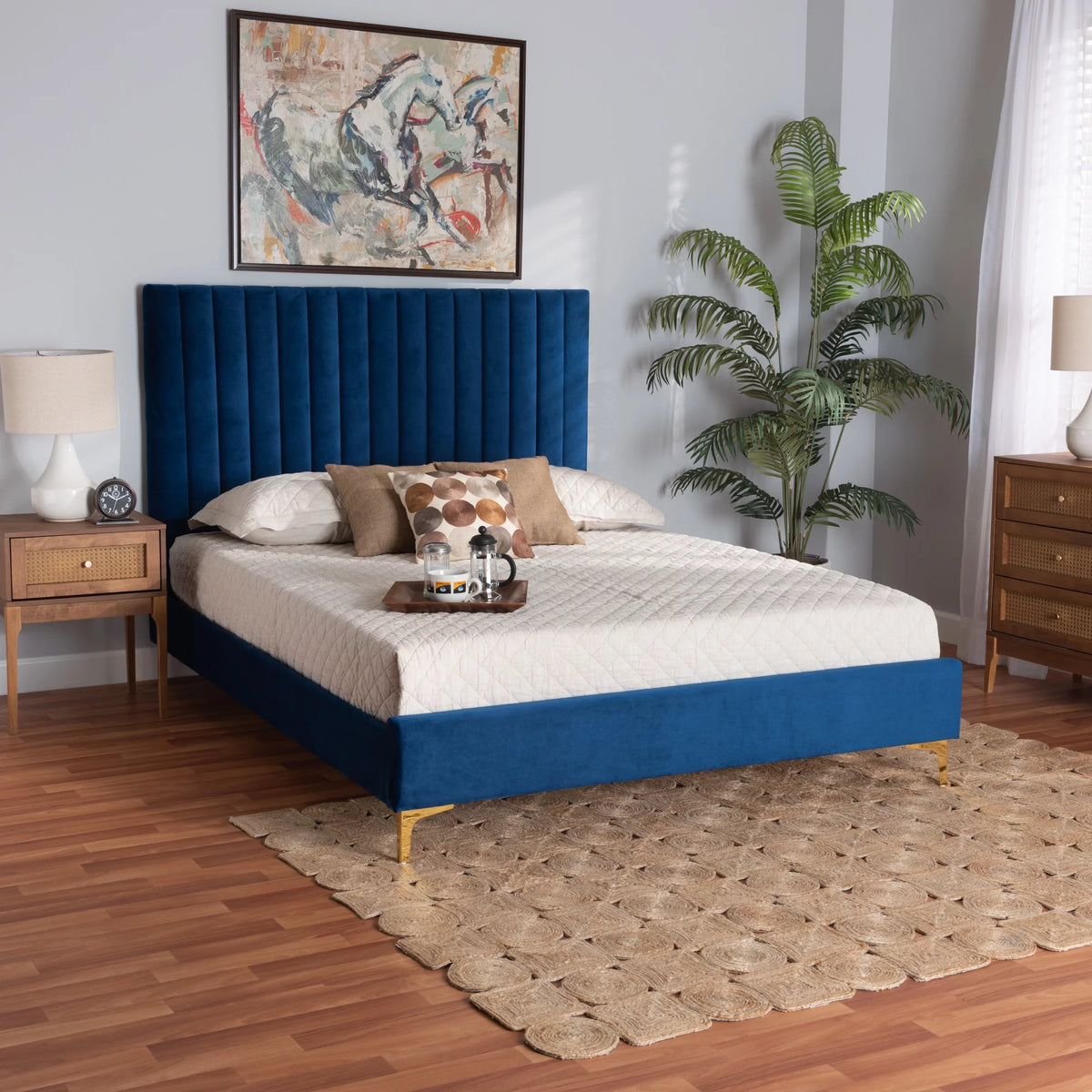 Navy Blue Velvet Queen Size Platform Bed I7894