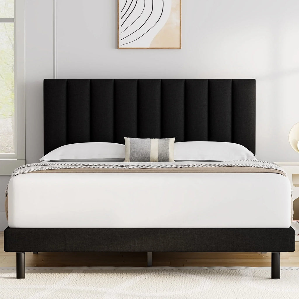 Full Platform Bed Frame with Upholstered Headboard, Beige P3595