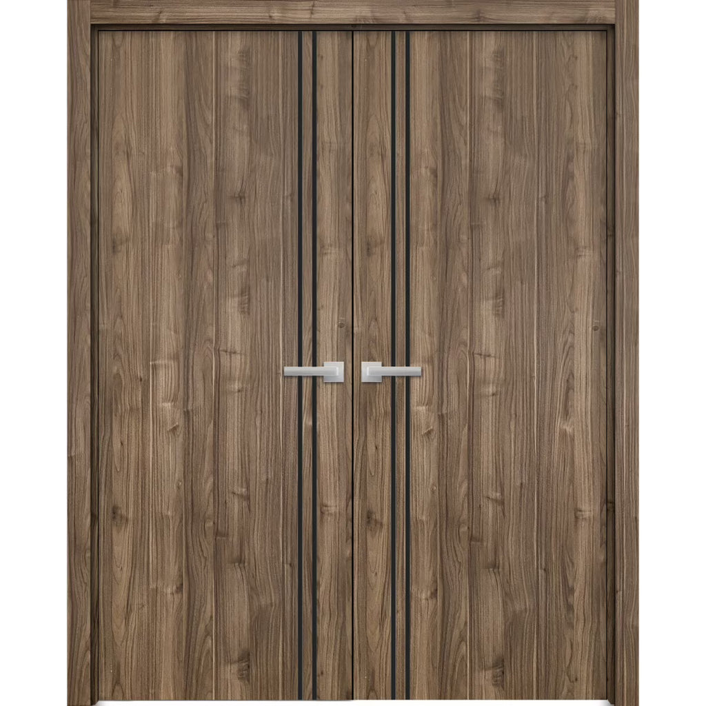 Solid French Double Doors 48 x 80 inches Walnut with Frosted Glass Wood Solid Panel Frame Trims Closet Bedroom Sturdy Doors F26957
