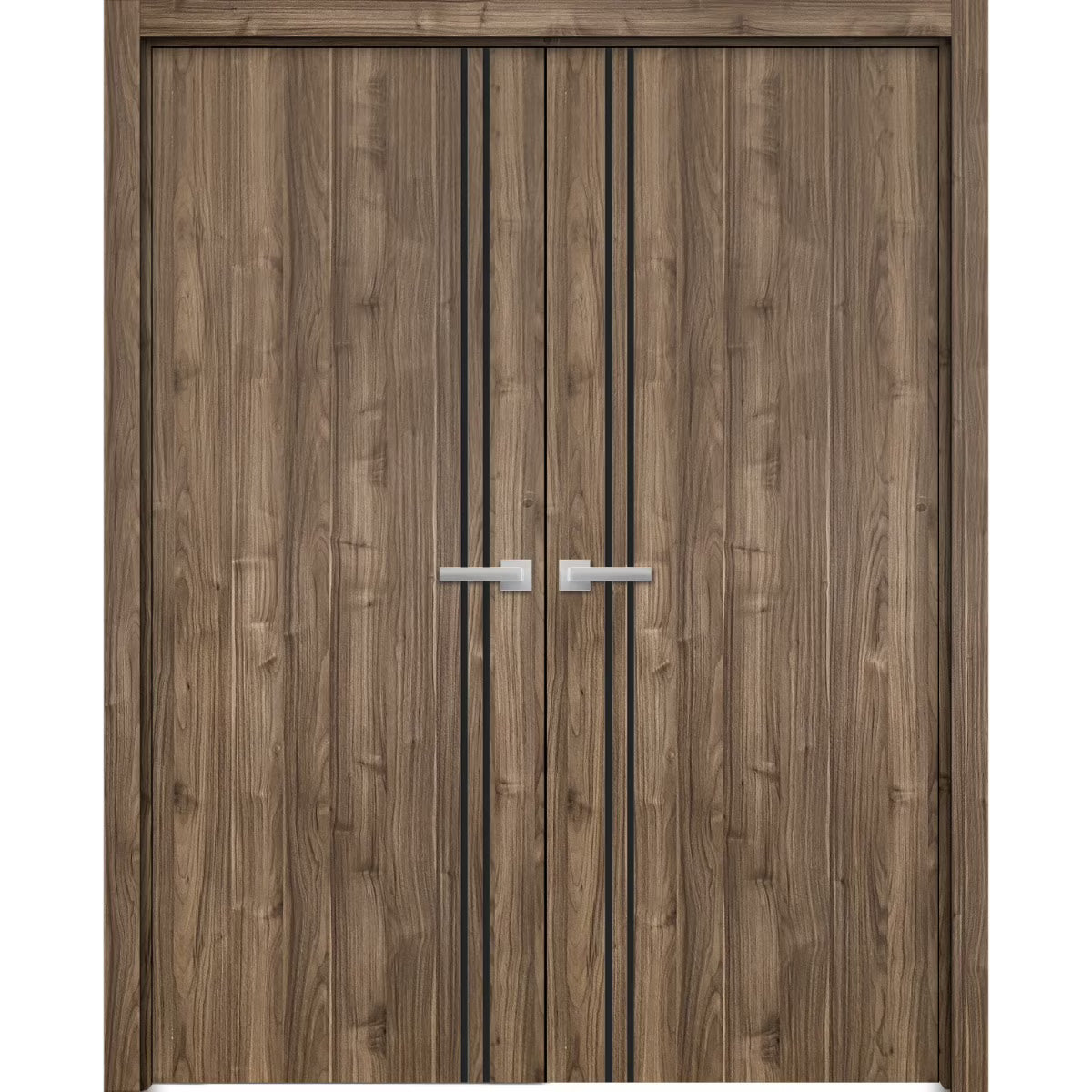 Solid French Double Doors 48 x 80 inches Walnut with Frosted Glass Wood Solid Panel Frame Trims Closet Bedroom Sturdy Doors F26957