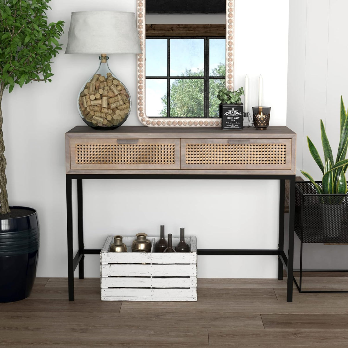 Rustic Console Table with 2 Drawers Natural Finish Distressed Grey J210