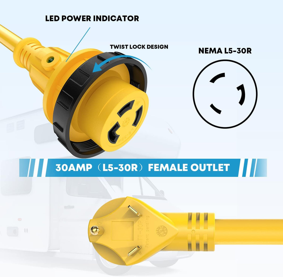 25' 30 Amp Twist Lock RV Power Extension Cord with LED Indicator V4656