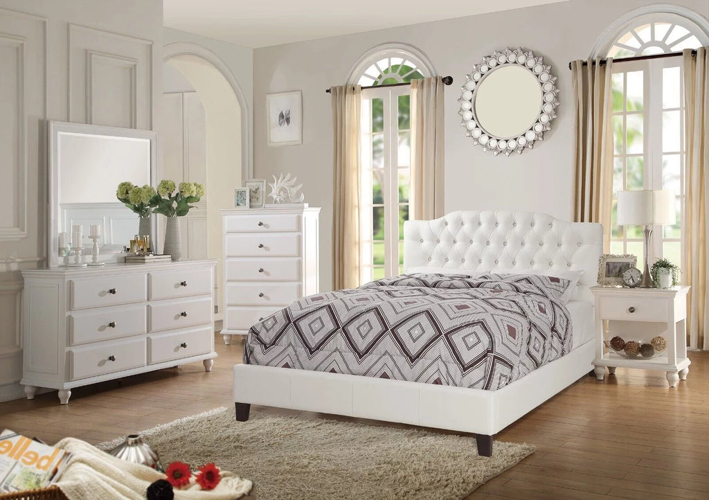 White Full Size 6pc Bedroom Furniture Set with Dresser Mirror Nightstand Chest and Tufted Headboard Q289684