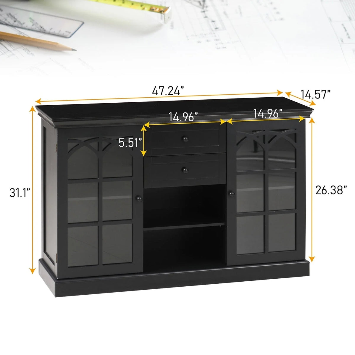 Black Tempering Glass Door Buffet Sideboard Cabinet with 2-Door & 2-Drawer Q818