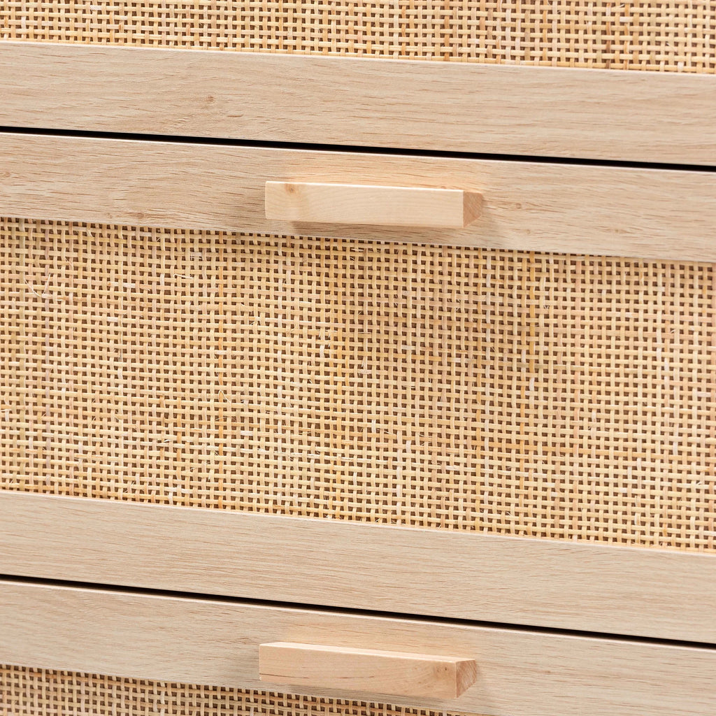 Light Brown Wood 3 Drawer Storage Cabinet with Rattan U125