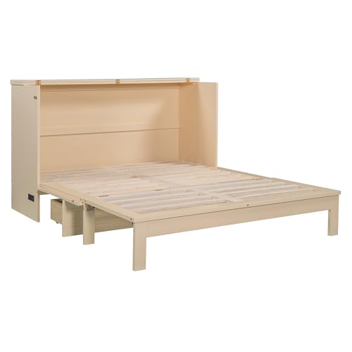 Queen Size White Wood Murphy Bed Cabinet with Storage Drawer W486227