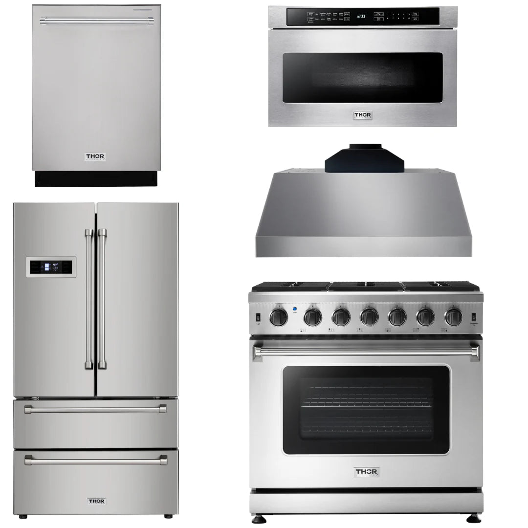36 Propane Gas Range, Range Hood, Microwave, Refrigerator, Dishwasher D500