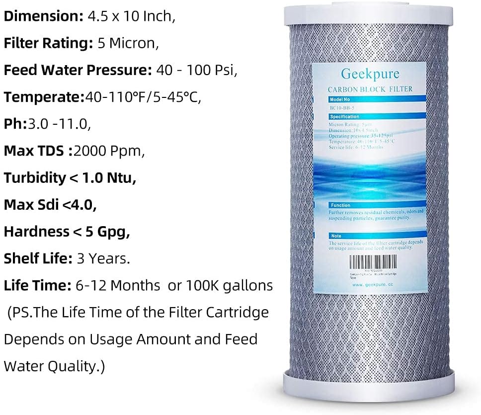 10-Inch Carbon Block Filter, 5 Micron, Pack 4 C2106