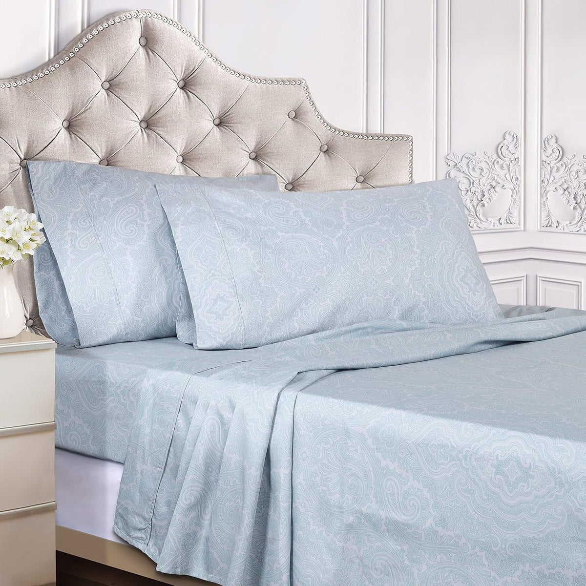 King Blue Cotton Blend Bed Sheet Set with Deep Pocket Fitted Sheet K617603