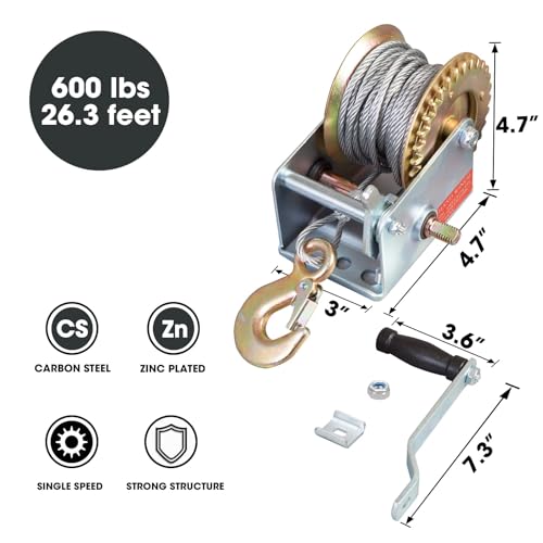 600lbs Capacity Manual Hand Crank Winch with 26.3FT Steel Cable K337633