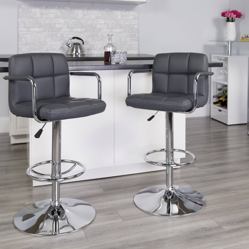 Gray Quilted Vinyl Adjustable Height Barstool with Arms and Chrome Base L9512