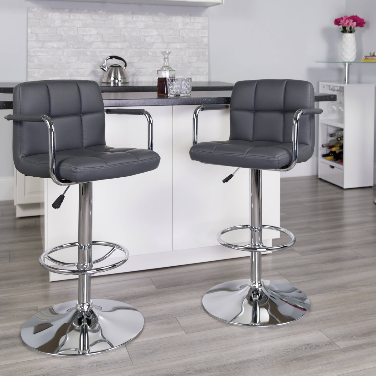 Gray Quilted Vinyl Adjustable Height Barstool with Arms and Chrome Base L9512