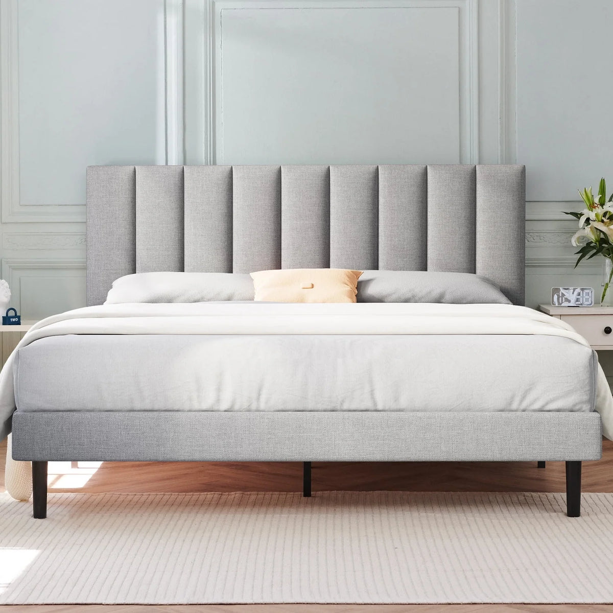 Full Platform Bed Frame with Upholstered Headboard, Beige P3595