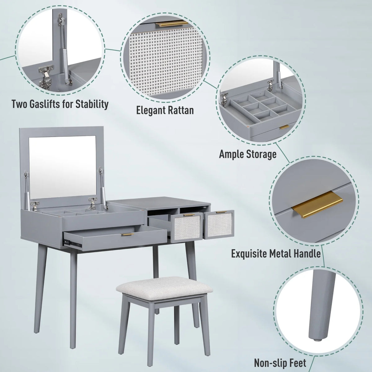 Gray Wood Vanity Table and Stool Set with 3 Drawer A22180