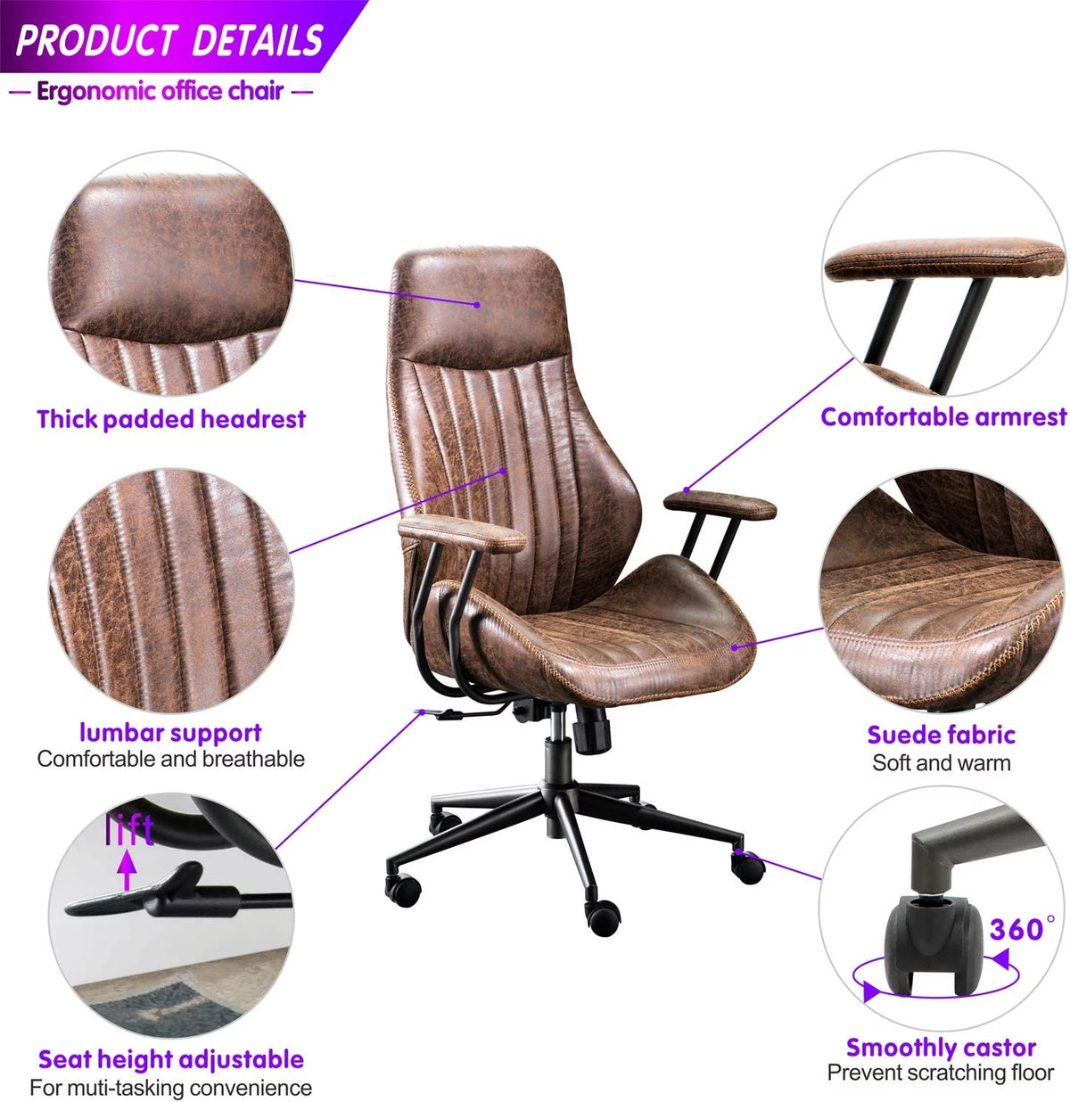 Brown Suede Fabric Ergonomic Office Chair with Lumbar Support H638401
