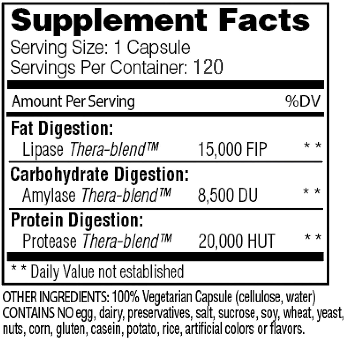 120 Capsules Vegan Gluten Free Fat Digestion Supplement O487450