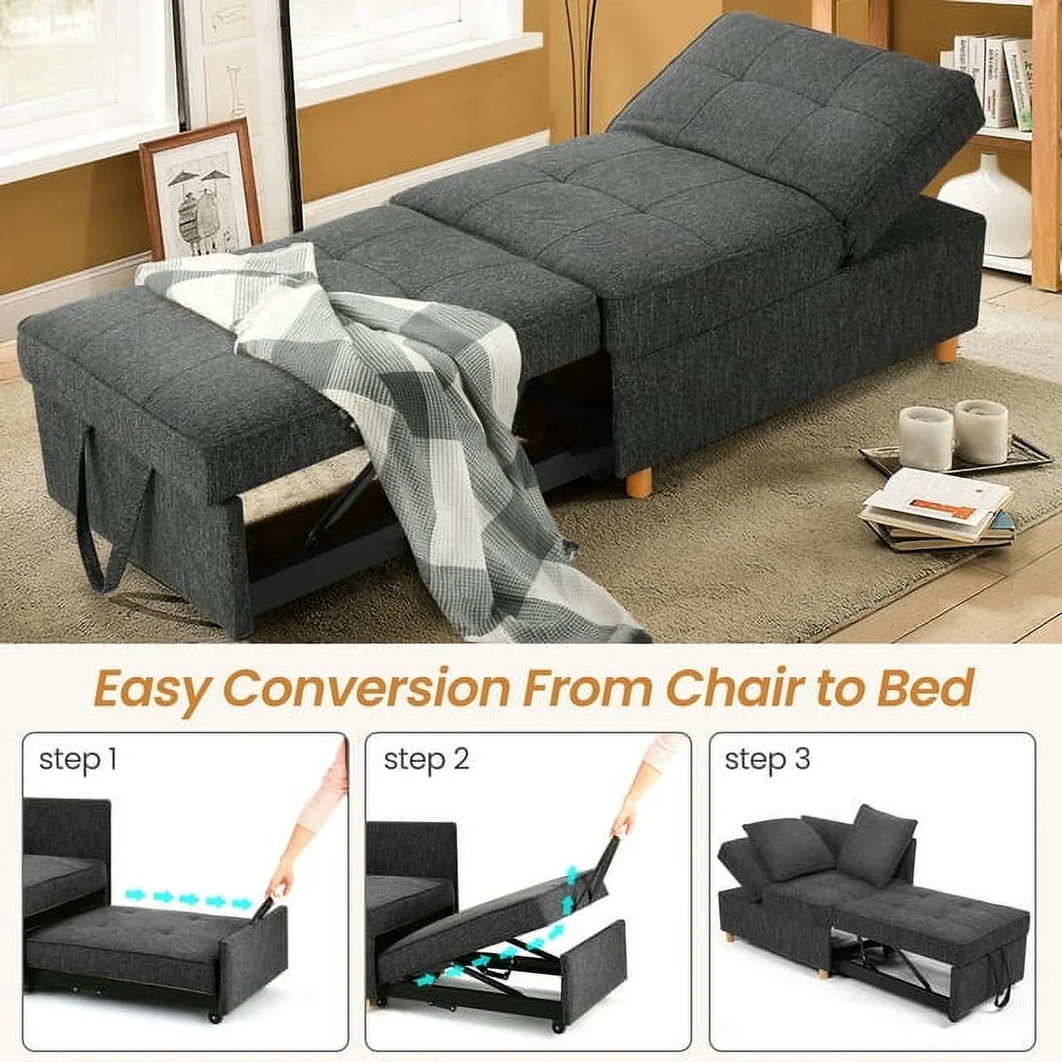 Black Convertible Sofa Bed Chair with 2 Pillows R949855