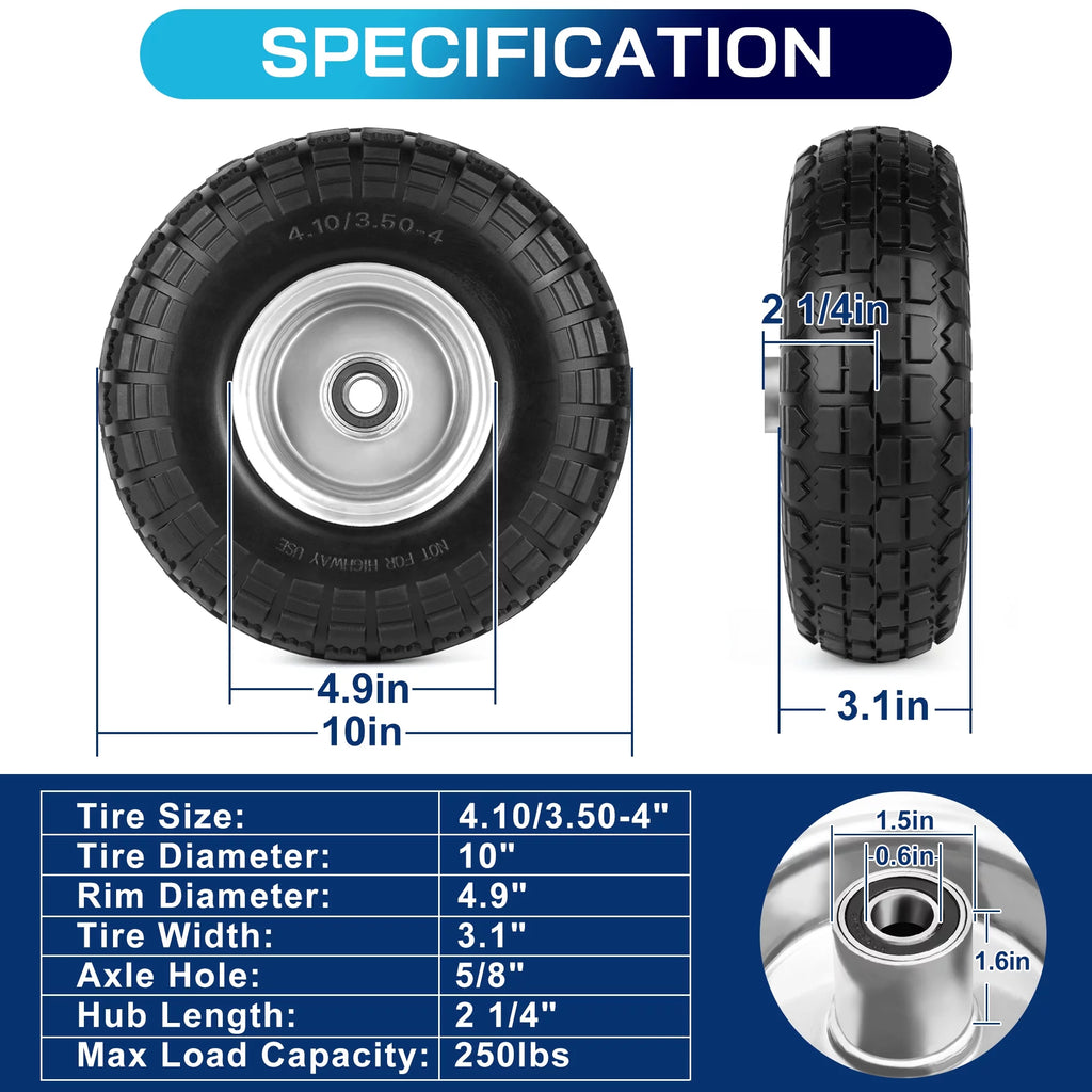 4.10/3.50-4in Flat Free Tire and Wheel, 2 Pack O337553