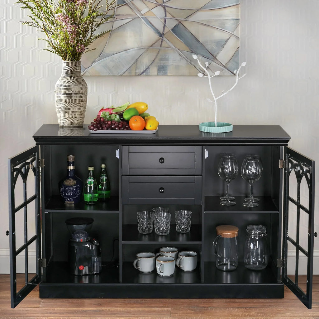 Black Tempering Glass Door Buffet Sideboard Cabinet with 2-Door & 2-Drawer Q818