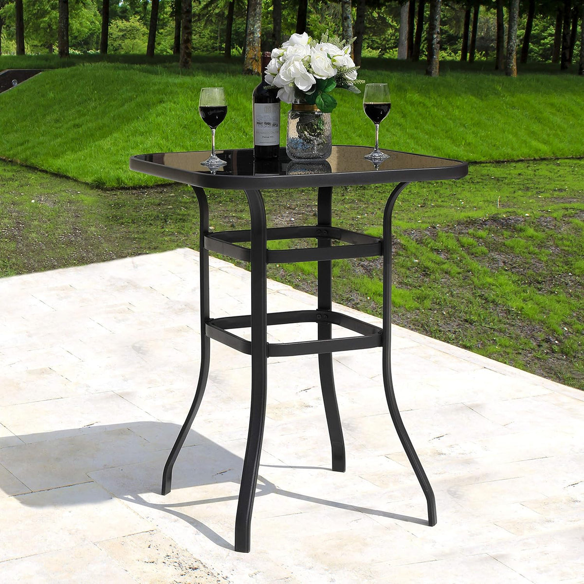 32 Inch Square Steel Frame Bar Height Bistro Table with Tempered Glass Table Top Black F361
