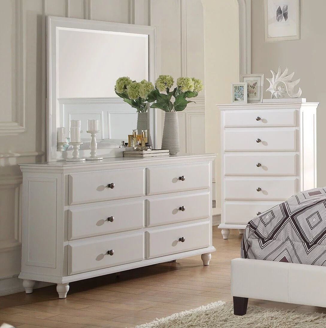 White Full Size 6pc Bedroom Furniture Set with Dresser Mirror Nightstand Chest and Tufted Headboard Q289684