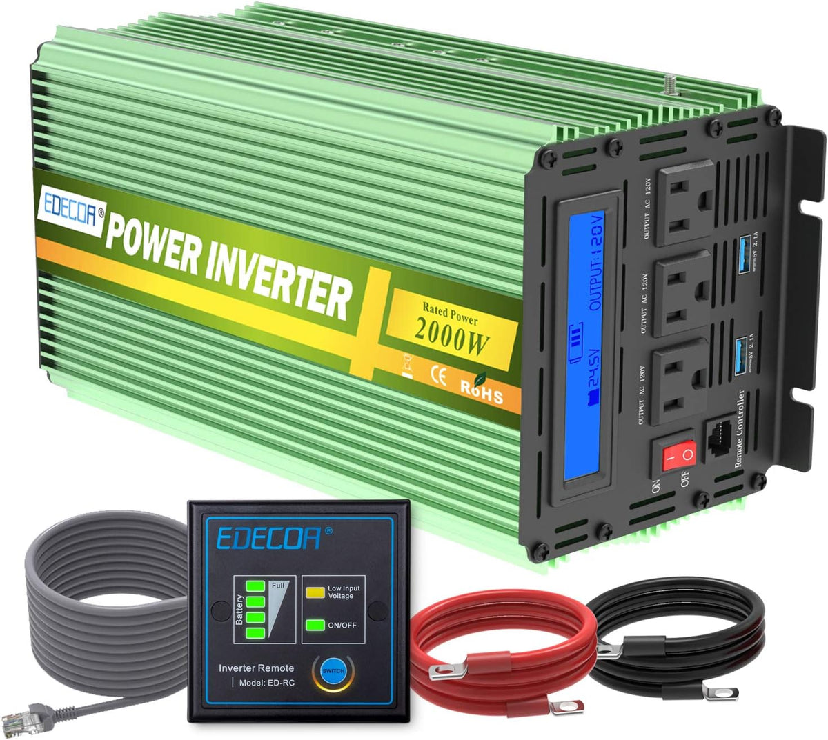 2000W 24V Power Inverter DC 24V to 110V AC with LCD and Remote Controller Dual USB Ports X503104