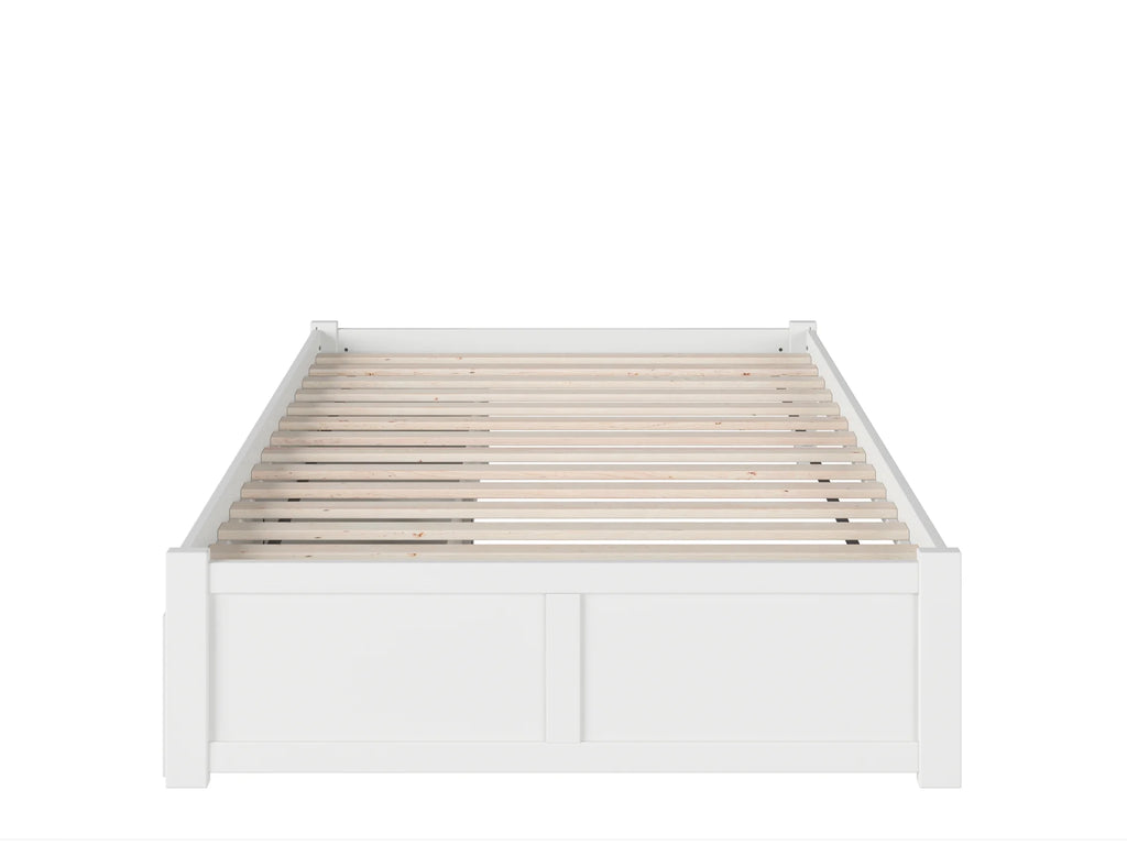 White Solid Wood Platform Bed with Footboard and 2 Storage Drawers K91415