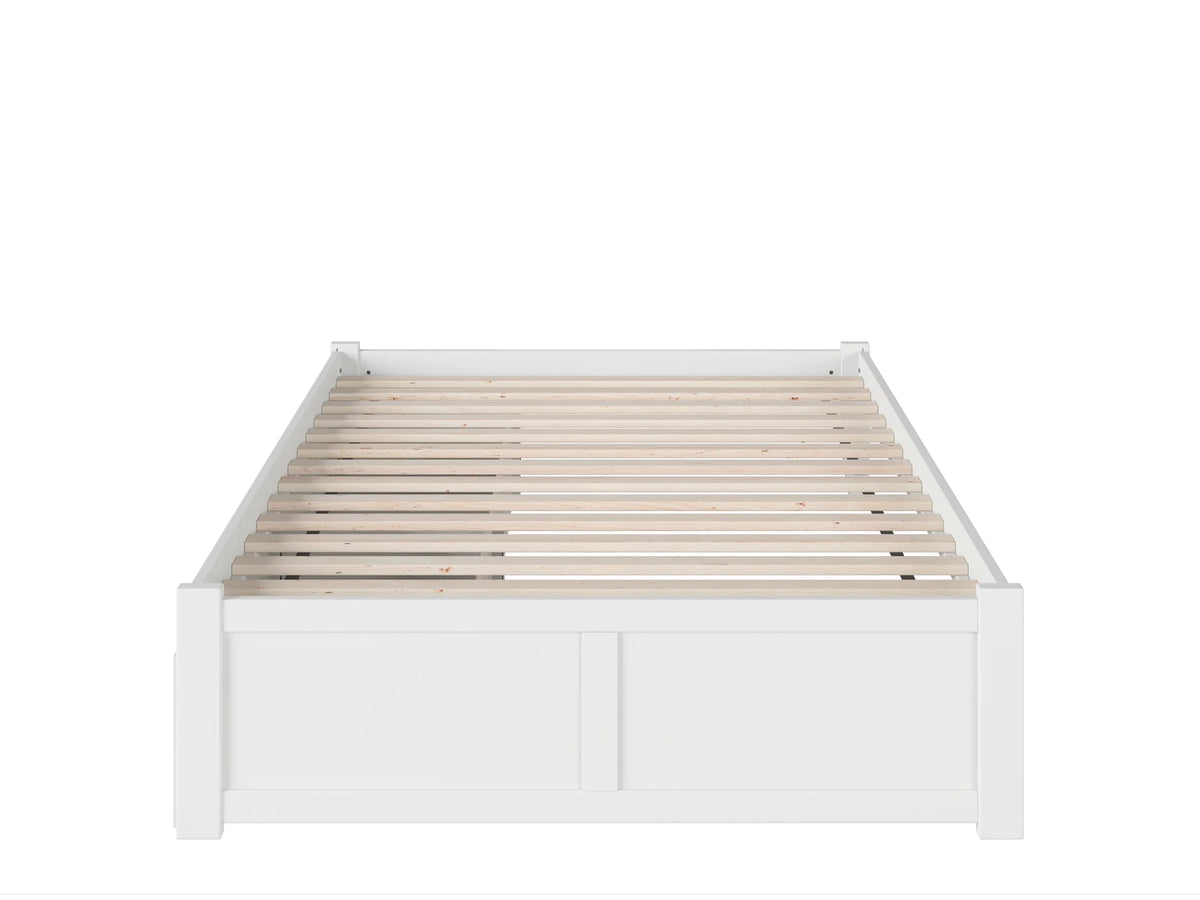 White Solid Wood Platform Bed with Footboard and 2 Storage Drawers K91415