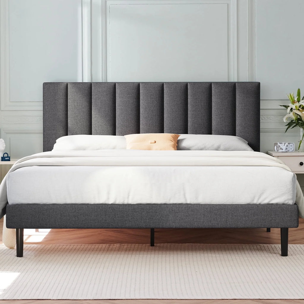 Full Platform Bed Frame with Upholstered Headboard, Beige P3595