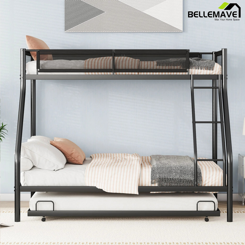 Twin over Full Size Metal Bunk Bed with Trundle and Textilene Guardrail H729433