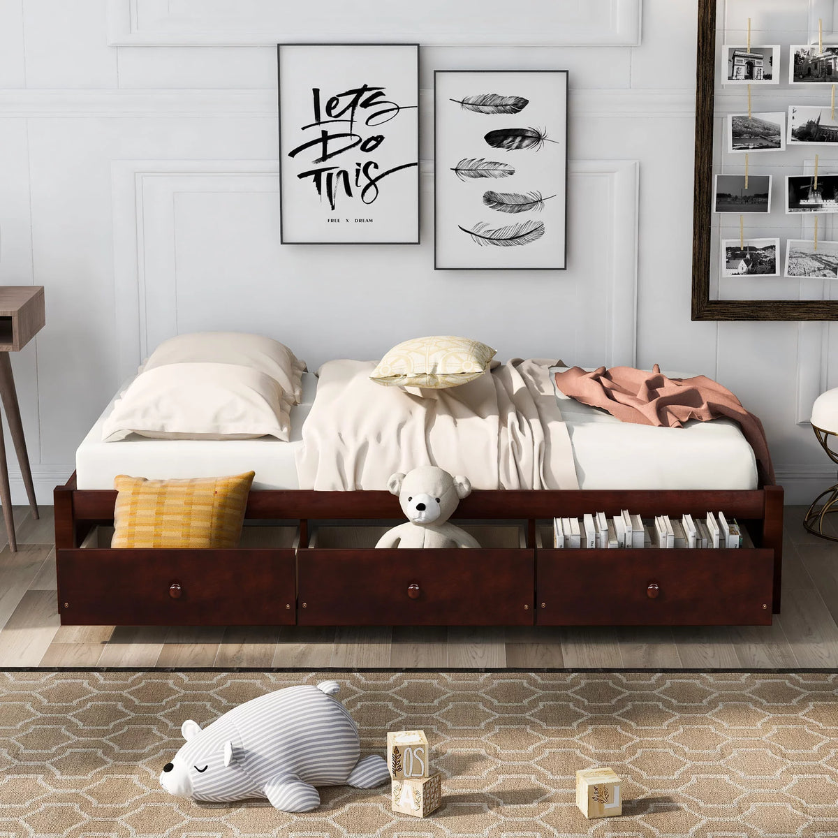 Cherry Twin Size Platform Storage Bed with 3-Drawers R1767